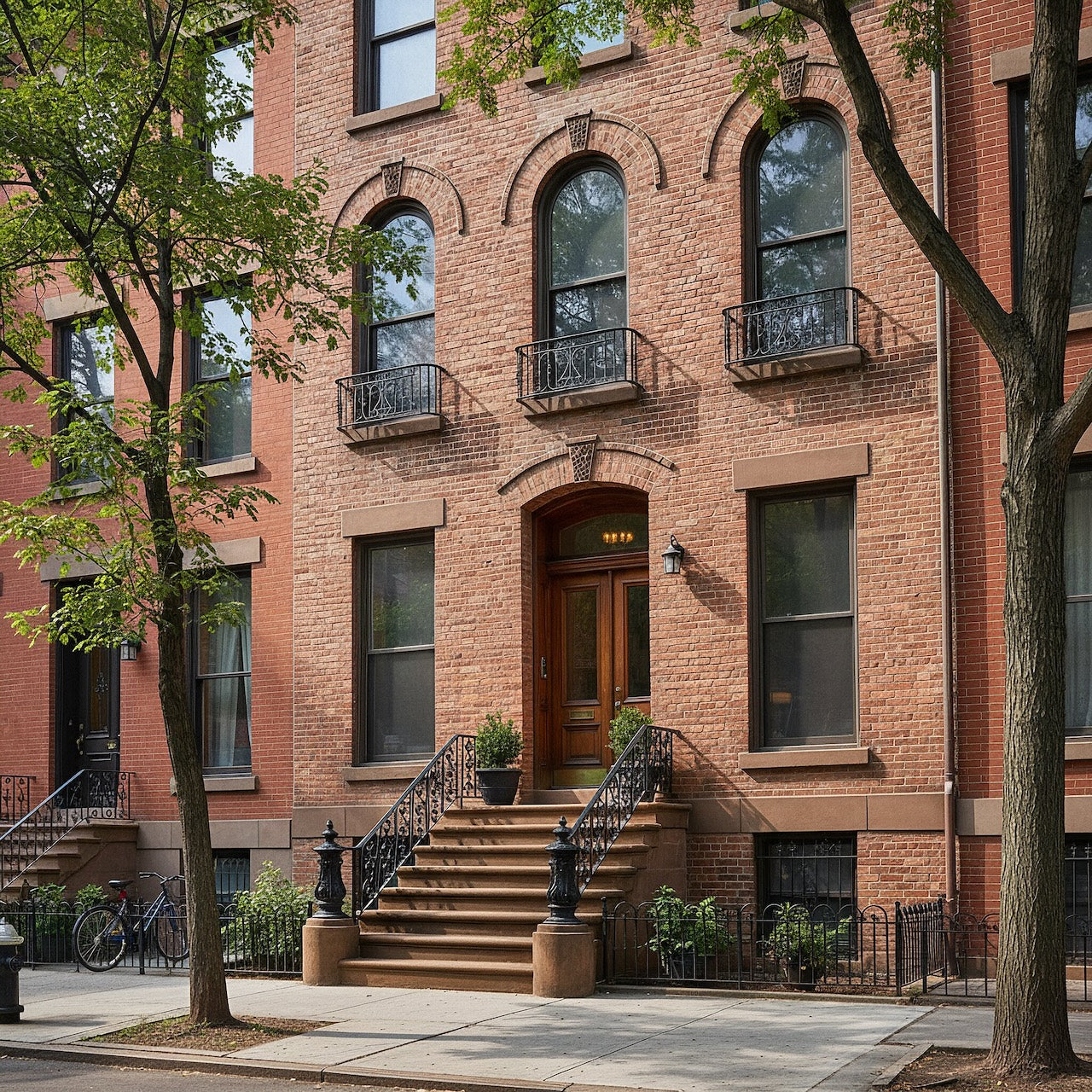 Reclaimed Brick townhouse with steps leading up to the entrance, surrounded by trees and a bike.