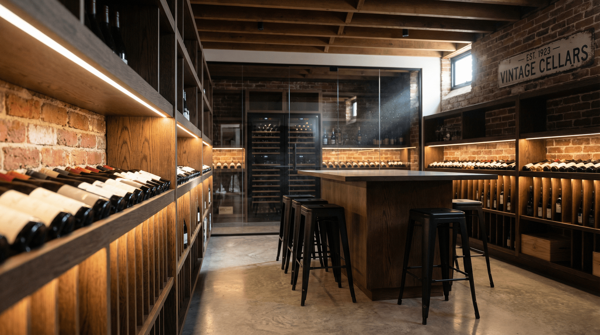 Wine cellar with shelves filled with bottles, a bar area, and brick walls.