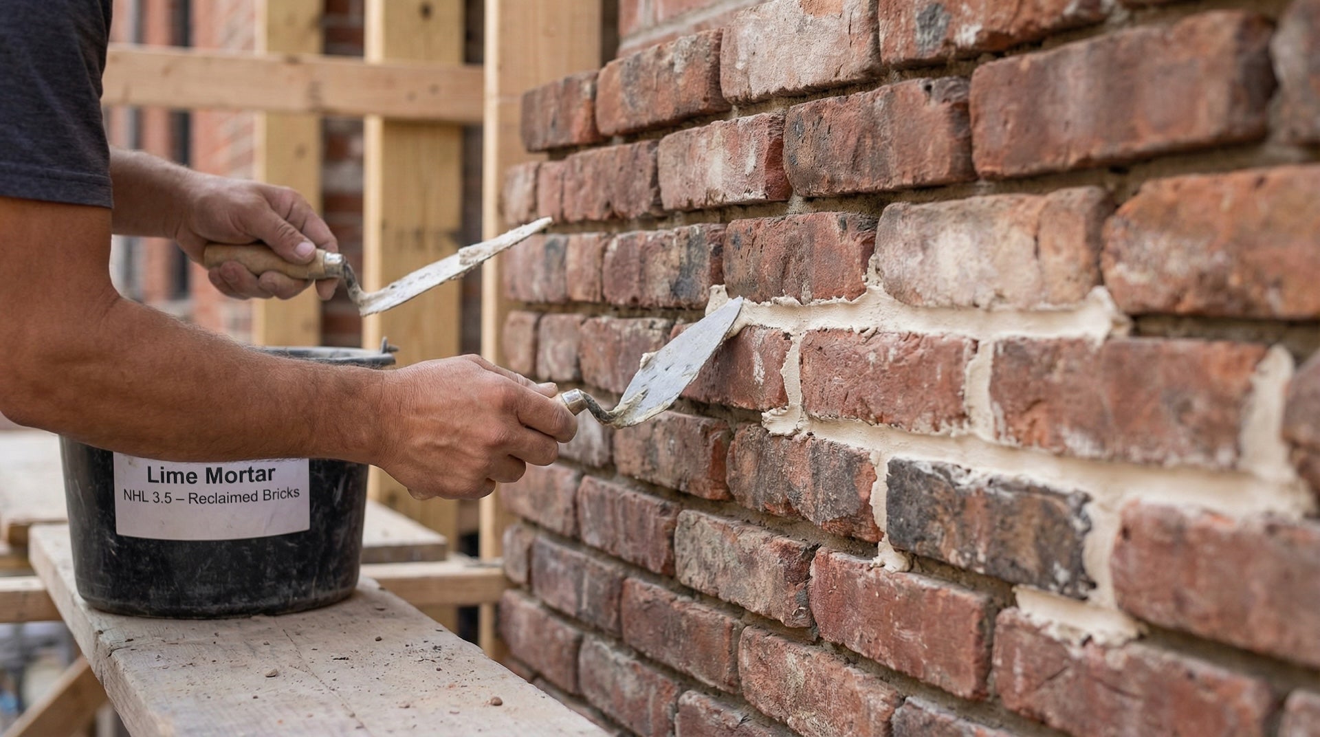 Person applying lime mortar to a brick wall with a container labeled 'Lime Mortar'.