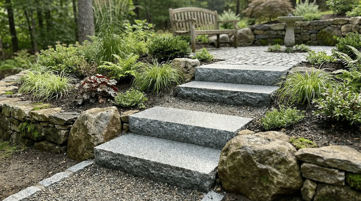 Rough-edged granite steps climbing a garden slope between boulders, ferns and a stone wall.