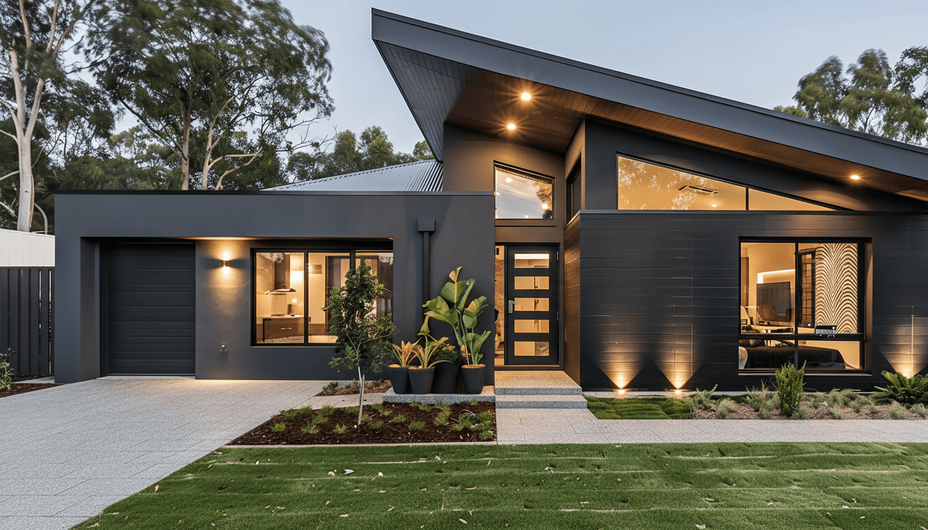 Modern house exterior with black facade, large windows, and granite pavers and steps.